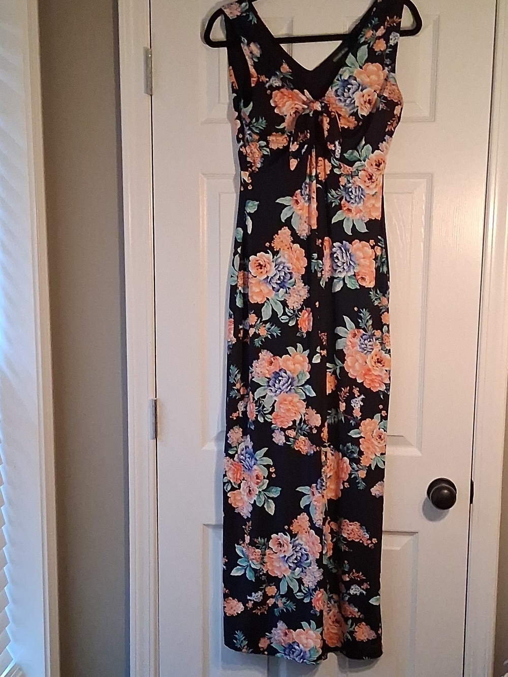 Nina Leonard Black Maxi Dress with Coral & Blue Floral Print